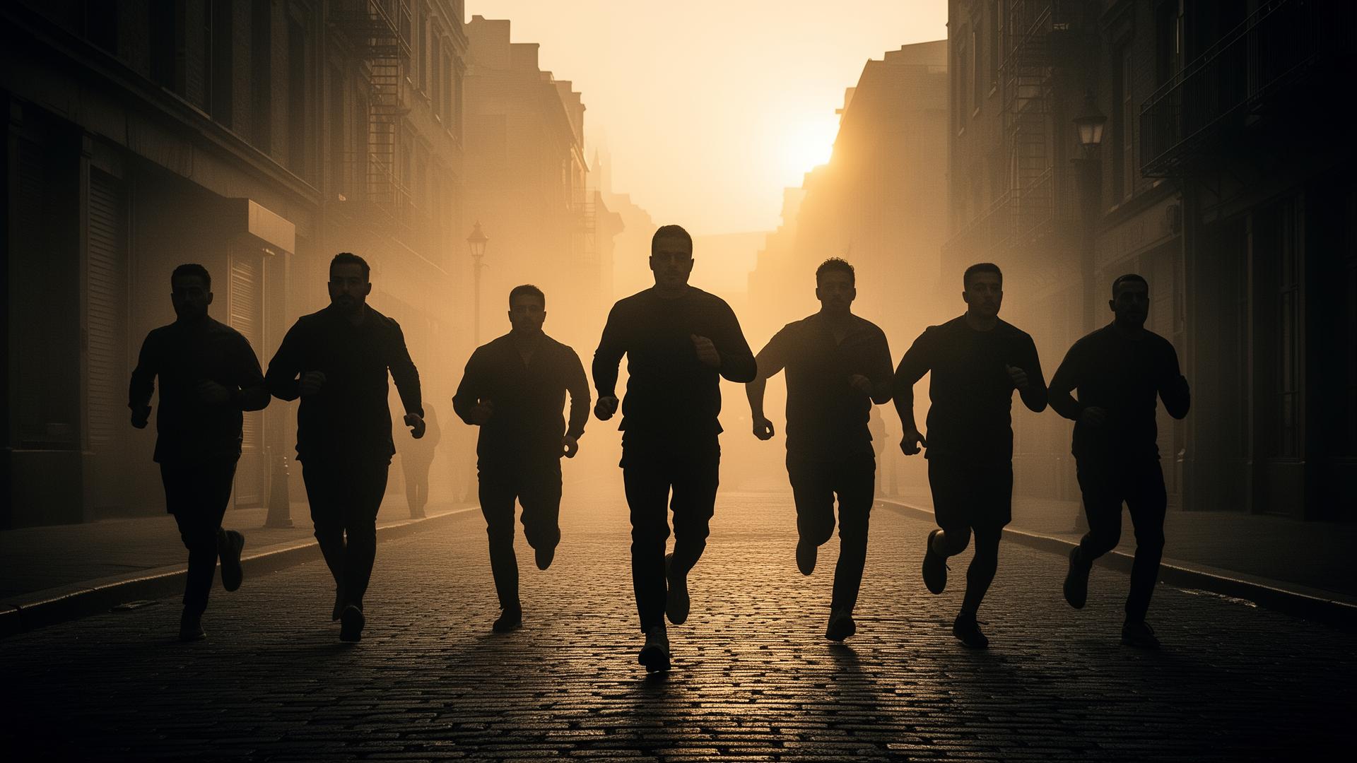 Grupo de homens correndo juntos ao amanhecer em uma rua nebulosa